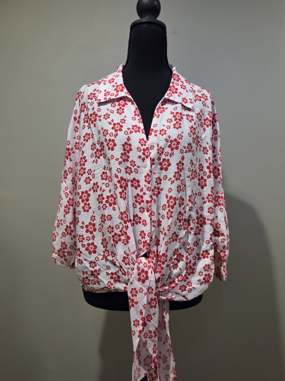 Light Pink and Red Floral Tie-Front Women's Blouse